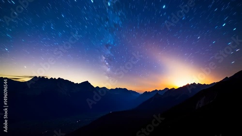 Wallpaper Mural Stunning vista of jagged mountain range silhouetted against Milky Way and radiant sunset horizon, showing galaxy and starry night sky Torontodigital.ca