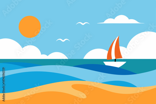 Relaxing Summer Breeze Flowing on the Tranquil Seashore Vector Illustration Background