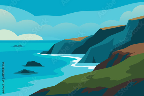 Dramatic Rocky Coastal Seascape View in Ultra HD Vector Illustration Background