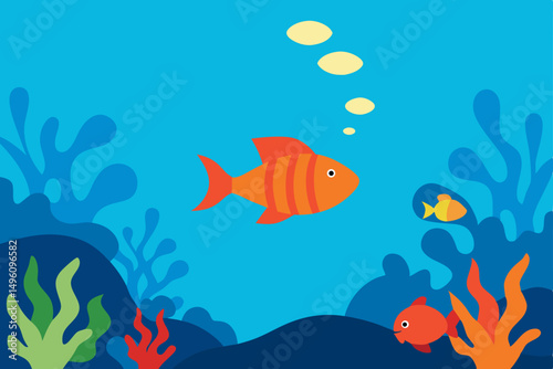 Vibrant Underwater Summer Life Scene with Colorful Fish and Coral Reef Vector Illustration Background