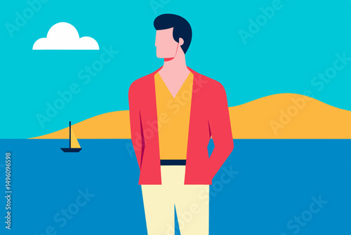 Stylish Fashionable Man Enjoying Summer by the Beautiful Seaside Vector Illustration Background