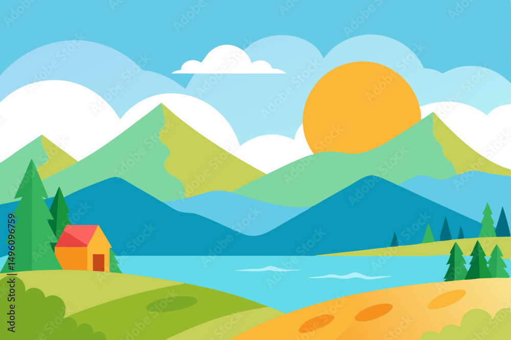 Fototapeta premium Beautiful AI Generated Summer Landscape in Soft Watercolor Style Vector Illustration Background