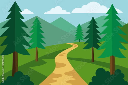 Refreshing Summer Hiking Trail Winding Through Lush Green Woods Vector Illustration Background