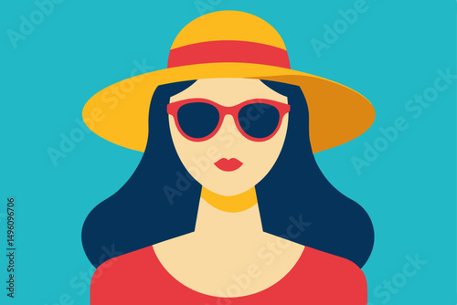 Stylish Summer Woman with Sunglasses and Wide Brim Hat Vector Illustration Background