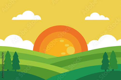 Beautiful Summer Sunrise Over Rolling Hills Countryside View Vector Illustration Background