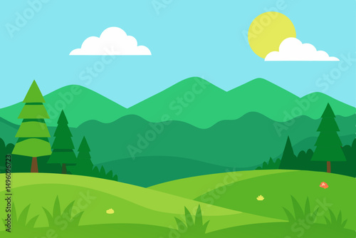 Serene Tranquil Green Meadow Nature Landscape Background Vector Illustration Background