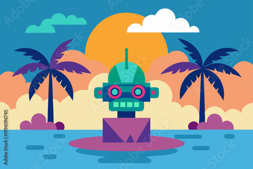 Surreal AI Generated Tropical Summer Fantasy Landscape Vector Illustration Background