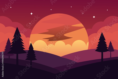 Tranquil Peaceful Sunset Scene with Silhouetted Trees Wallpaper Vector Illustration Background