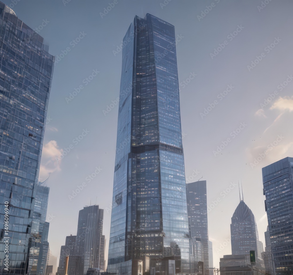 Naklejka premium Sleek glass skyscraper rising, city skyline backdrop, structure, construction