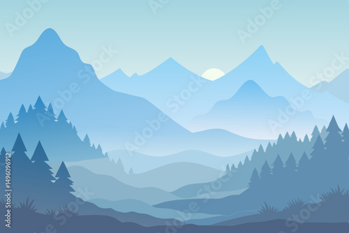 Ethereal Misty Landscape Scene in Soft Morning Light Background Vector Illustration Background
