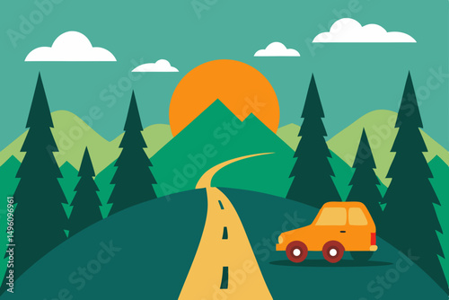 Exciting Adventure Road Trip Through Lush Green Summer Forest Vector Illustration Background