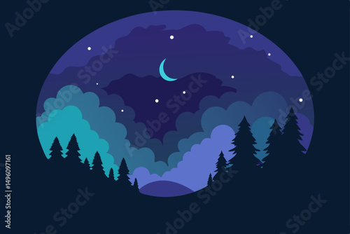 Mysterious Cosmic Sky with Dark Forest Silhouette Vector Illustration Background