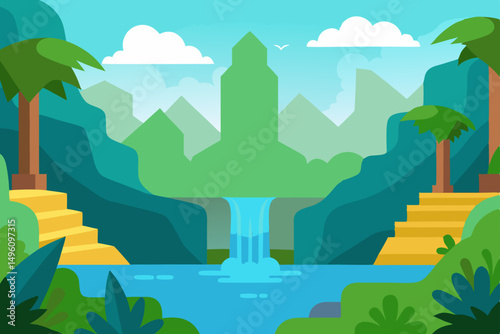 AI Generated Fantasy Jungle Scene with Lush Waterfall Vector Illustration Background