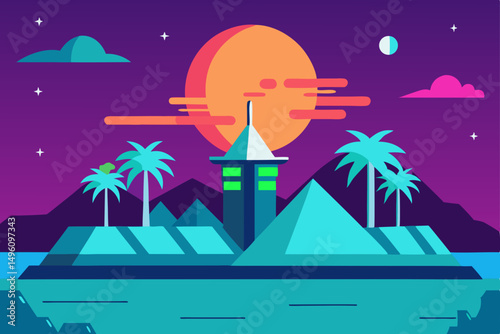 Modern Futuristic Summer Island Getaway Scene Vector Illustration Background