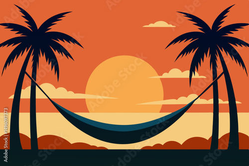 Relaxing Hammock Hanging Between Palm Trees in Warm Sunset Light Vector Illustration Background