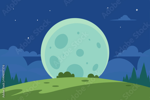 Surreal Giant Moon Shining Over Dreamlike Fantasy Meadow 4K Vector Illustration Background