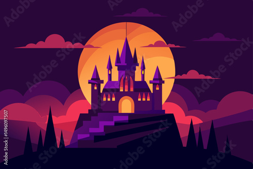 Enchanting Glowing Magic Castle Against a Beautiful Sunset 4K Vector Illustration Background
