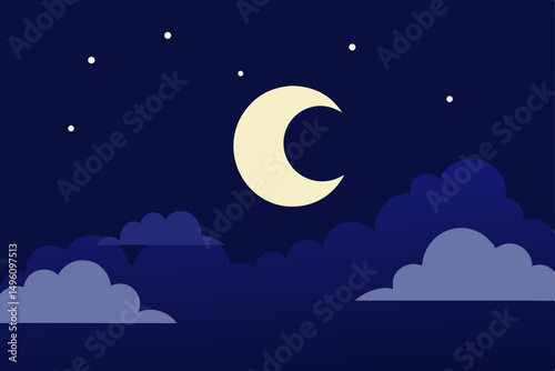 Serene Night Sky with Moon and Clouds Vector Illustration Background