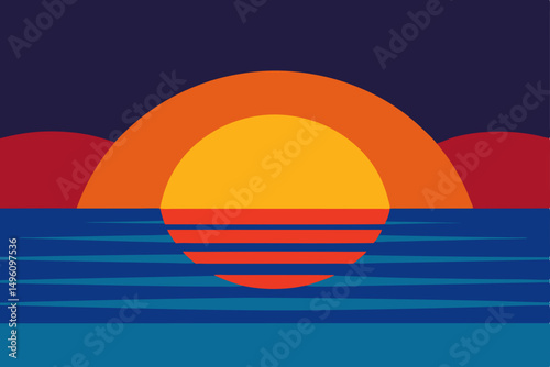 Minimalist Simplified Sunset Over Calm Sea in 4K Vector Illustration Background