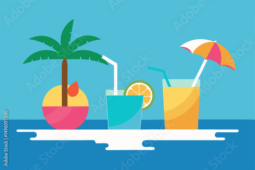 Refreshing Tropical Cocktails by the Swimming Pool Vector Illustration Background