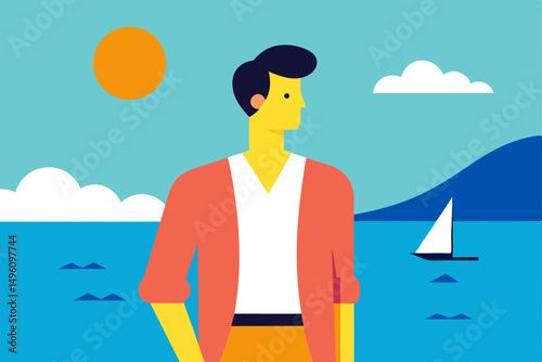 Stylish Fashionable Man Enjoying Summer by the Beautiful Seaside Vector Illustration Background