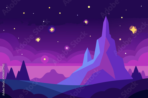 Enchanting Glowing Fantasy Landscape Under a Brilliant Starry Sky Vector Illustration Background