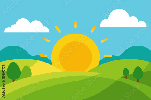 Picturesque Hills and Green Meadows Bathed in Warm Summer Sunshine Vector Illustration Background