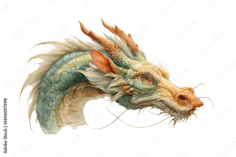 Fototapeta premium PNG Majestic fantasy dragon head with intricate scales and long whiskers