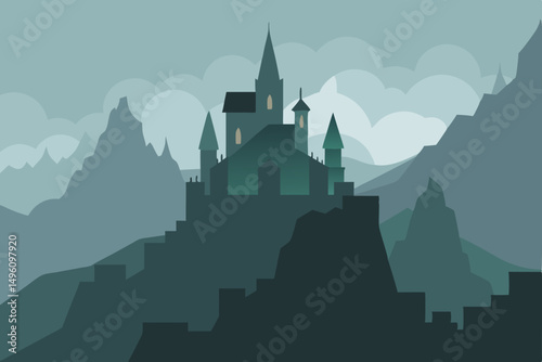 Mysterious Enchanted Fortress Towering in Misty Mountains Vector Illustration Background
