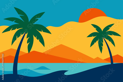 Artistic Hand Drawn Tropical Shore Beach Wallpaper Vector Illustration Background