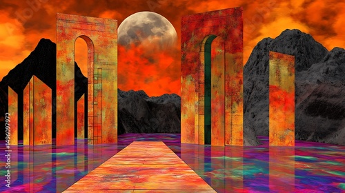 Surreal sunset arch landscape.