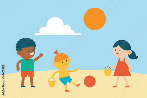 Joyful Kids Playing on Sandy Beach Under Bright Summer Sun Vector Illustration Background