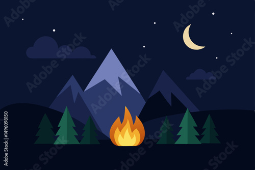 Cozy Mountain Campfire Scene Under Starry Summer Night Sky Vector Illustration Background