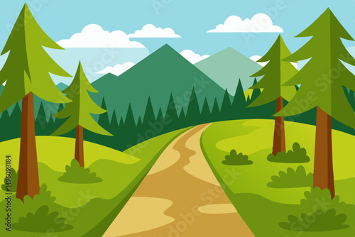 Refreshing Summer Hiking Trail Winding Through Lush Green Woods Vector Illustration Background