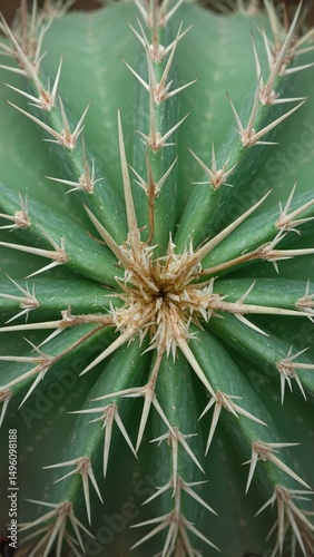Mesmerizing macro shot of cactus thorns creating intricate radial patterns highlighting spines protruding from distinct nodes