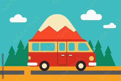 Adventurous Summer Road Trip with Camper Van Through Scenic Landscape Vector Illustration Background