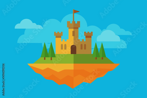 Generative AI Fantasy Island with Majestic Castle in 4K Vector Illustration Background