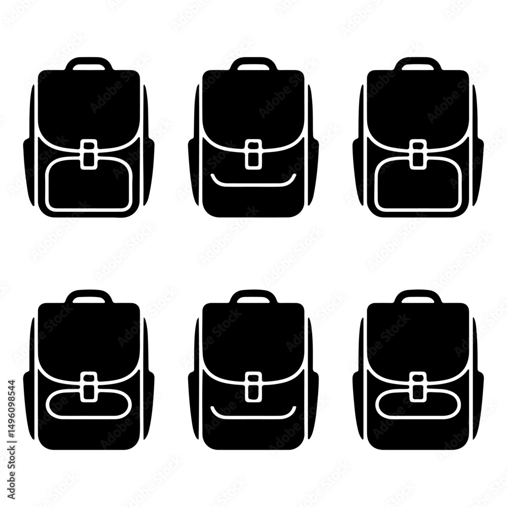 Set of black school bag silhouette vector, backpack silhouette on isolated Set of black school bag silhouette vector, backpack silhouette on isolated