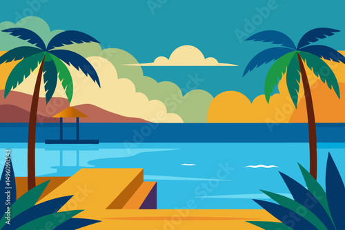Stunning Ocean View from Luxurious Tropical Island Resort Vector Illustration Background