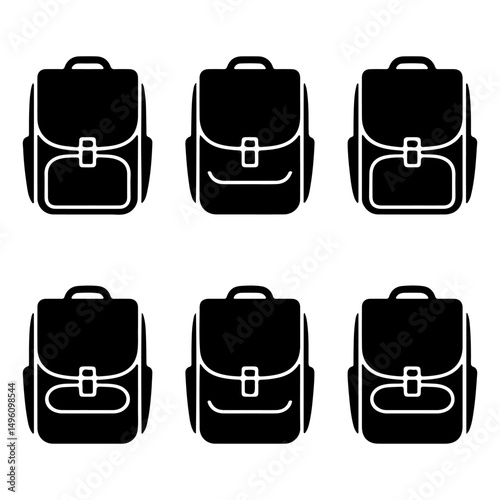 Set of black school bag silhouette vector, backpack silhouette on isolated