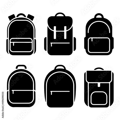 Set of black school bag silhouette vector, backpack silhouette on isolated white background