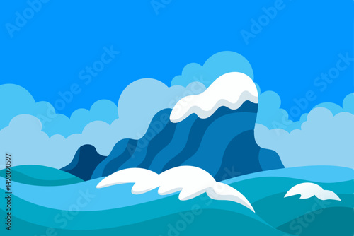 Dynamic Summer Sea Waves Crashing Against Dark Rocks Vector Illustration Background