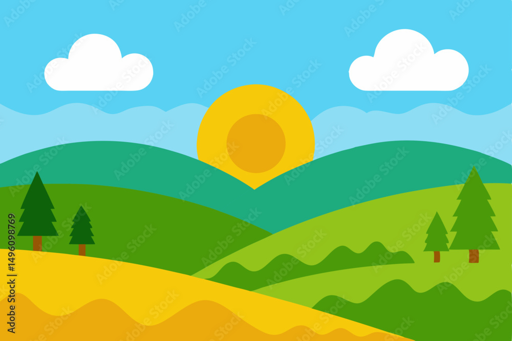 Obraz premium Picturesque Sunny Countryside Landscape Wallpaper Vector Illustration Background