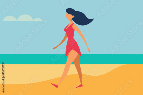 Chic Stylish Girl Walking Along the Sandy Beach in Summer Vector Illustration Background