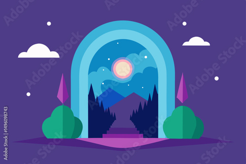 Enchanting Magical Nature Portal Leading to Summer Paradise Vector Illustration Background