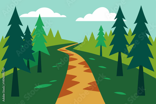 Refreshing Summer Hiking Trail Winding Through Lush Green Woods Vector Illustration Background