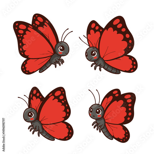 Four charming red cartoon butterflies flutter playfully, embodying transformation and joy. Vector illustration on a clean white backdrop.