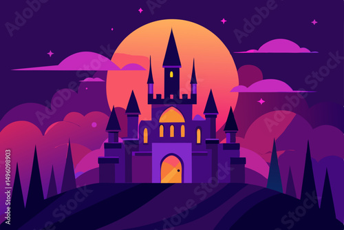 Enchanting Glowing Magic Castle Against a Beautiful Sunset 4K Vector Illustration Background