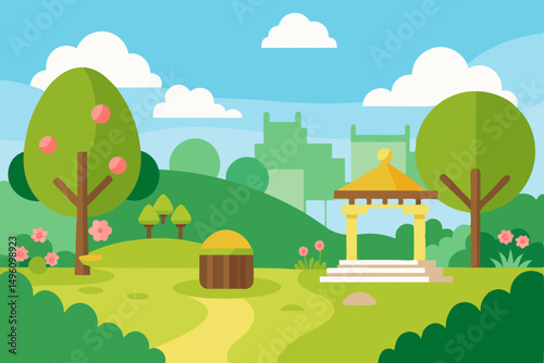 Tranquil Peaceful Garden Blooming in Summer Season Vector Illustration Background