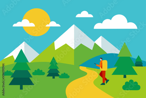 Enjoying Summer Day Trekking Through Beautiful Scenic Landscape Vector Illustration Background